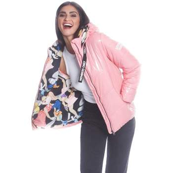Members Only Women's Hi-Shine Chevron Quilt Puffer Jacket with Looney Tunes Mashup Print Lining