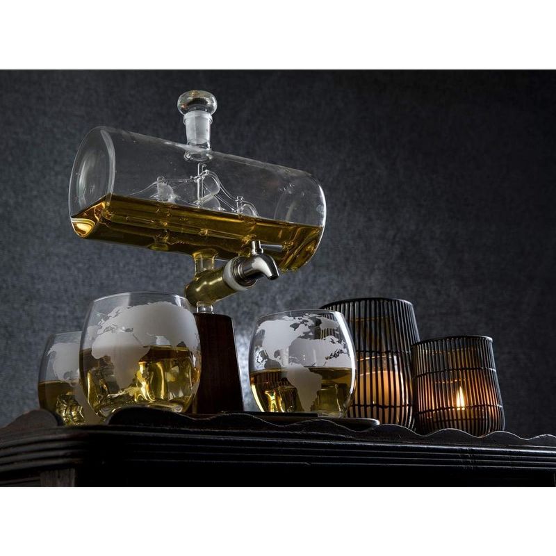 The Wine Savant Ship Design Wine & Whiskey Decanter Set Includes 4 Globe Drinking Glasses laid on a Mahogany wooden platter, Home Bar Decor - 1000 ml, 2 of 5