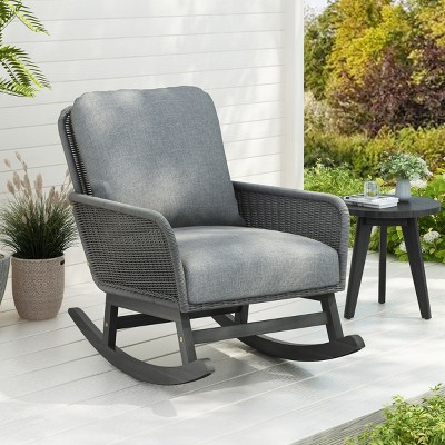 Contemporary Minimalist Chair, Patio Rocking Armrest Sofa, Patio Wicker Rocking Chaise with Polyester Cushions and Wooden Frame-Coolbibila