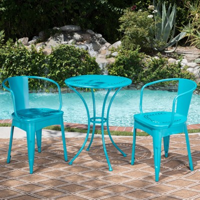 VisioGear Patio Bistro Sets, 3 Pieces Patio Dining Sets with Metal Table Top for Backyard or Poolside, Teal, 20.75"*20.5"*30.25"