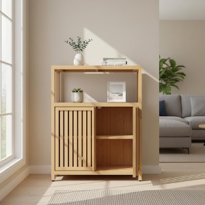 Homy Casa Large Capacity Bamboo Storage Cabinet with Double Doors, Open Shelf - 1 of 4