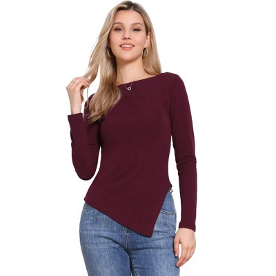 INSPIRE CHIC Women's Long Sleeve Boat Neck Irregular Casual Knit Sweater