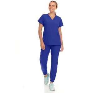 Hey Collection Womens Stretch V-Neck Jogger Scrubs Set, Medical Nursing Tops with Four Pocket Pants - 1 of 4