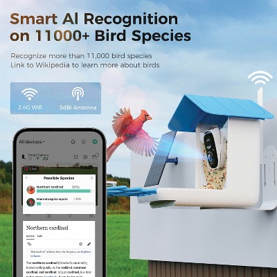 Sky Blue Canopy Plastic Squirrel-Resistant Platform Bird Feeder with Camera