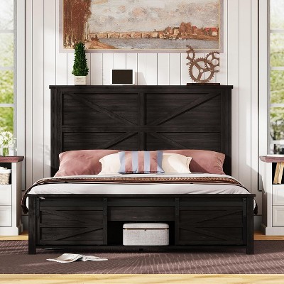 AMERLIFE Farmhouse Size Bed Frame with Sliding Barn Door Storage