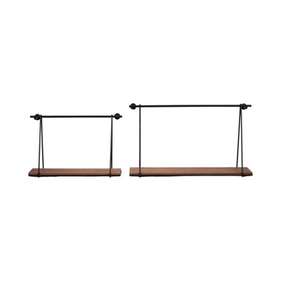 Sagebrook Home Set of 2 Wall Shelves - 12"/14" Brown and Black Wood and Metal Rustic Floating Swing Wall Shelves