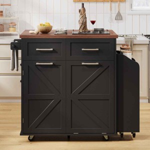 Farmhouse Kitchen Island with Drop Leaf, Kitchen Island with Removable Side Shelf and Trash Bin Cabinet, MDF Frame Kitchen Island-Coolbibila - 1 of 4