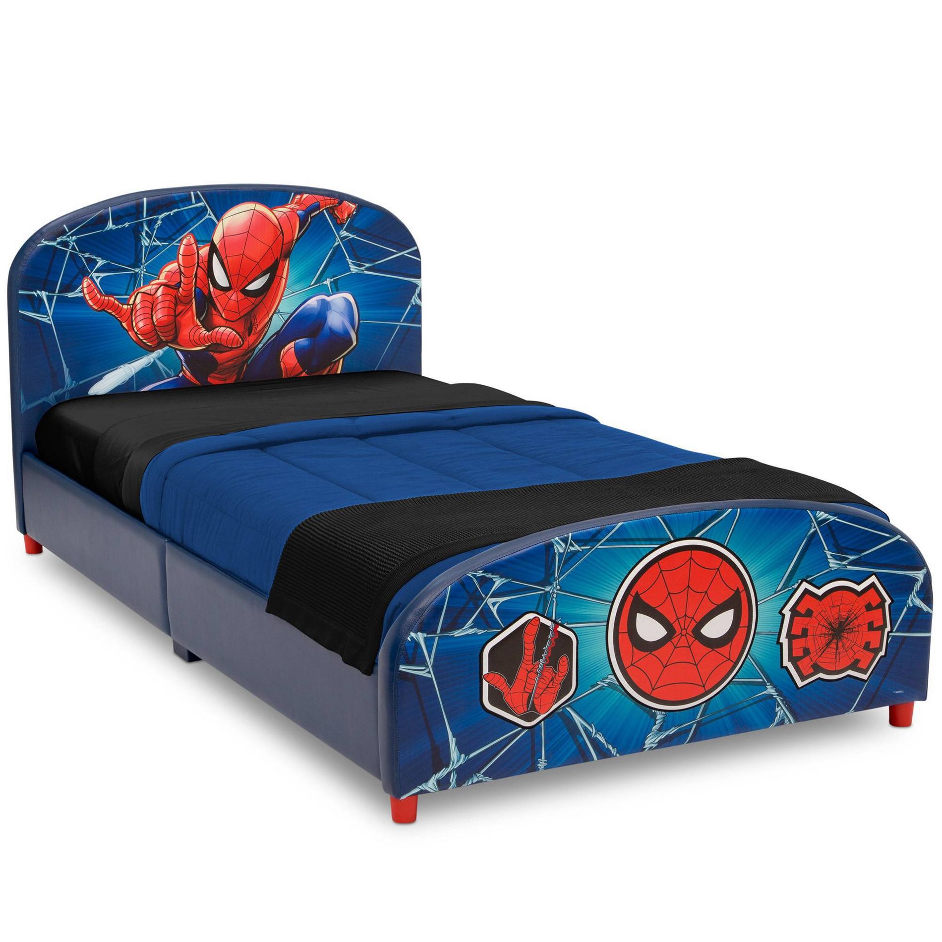Twin Spider-Man Upholstered Kids' Bed - Delta Children: Marvel Blue Toddler Platform Frame, Wood, JPMA Certified