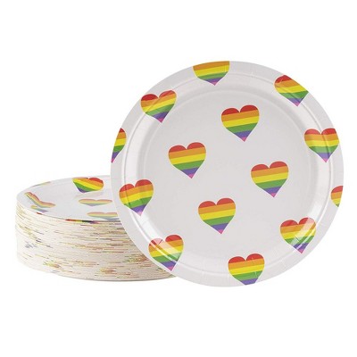 Blue Panda 80 Count Pride Rainbow Heart Disposable Paper Plates 9 Inches Birthday Party Supplies