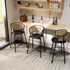 LeisureMod Ervilla Wicker Bar Stool with Fabric Seat and Black Steel Frame Black Leather Set of 2 - 3 of 4