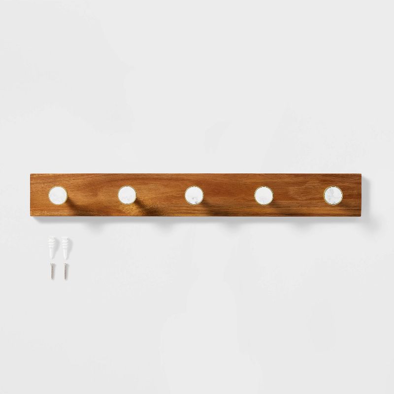 Metal and Faux Marble 5 Gold Hooks Rail on Acacia Wood - Threshold&#8482;, 4 of 5