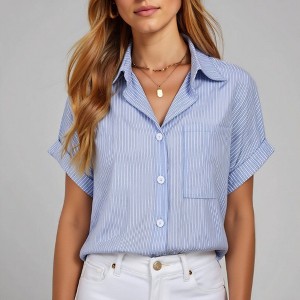 Knit & Lounge Women’s Short Sleeve Button Down Shirt Relaxed Fit Chest Pocket Cuffed Sleeves Lightweight Top - 1 of 4