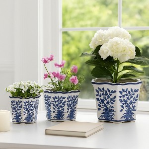Chinoiserie Flower Pots for Home Decor - Ceramic Bowls with Floral Design  for Planters for Indoor and Outdoor - Set of 3, 9", 8", 7", Blue & White