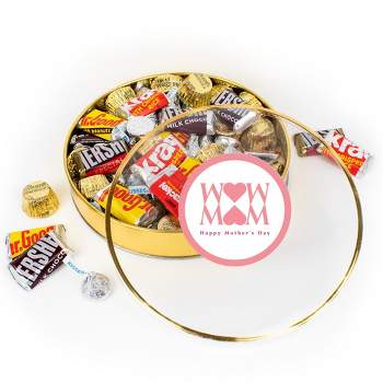 Mother's Day Chocolate Gift Tin - Plastic Tin with Candy Hershey's Kisses, Hershey's Miniatures & Reese's Peanut Butter Cups - MOM - By Just Candy