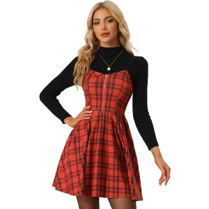 INSPIRE CHIC Women's Plaid Spaghetti Strap Zipper Front Mini Skater Dress - 1 of 4