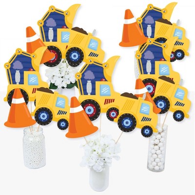 Big Dot of Happiness Construction Truck - Baby Shower or Birthday Party Centerpiece Sticks - Table Toppers - Set of 15