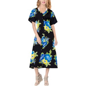 LA LEELA Women's Dress Summer Button Up Vacation Beachwear Bathing Suit Beach Long Shirt Cover ups Night T Shirt Large-X-Large Blue, Floral - 1 of 4