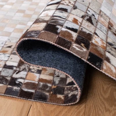 Hand-Stitched Beige & Brown Geometric Cowhide Runner Rug - 2'3" x 7'