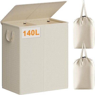 140L Laundry Hamper 2 Section, Double Laundry Basket with Lid, Large Dirty Clothes Hamper with Removable Liner Bags