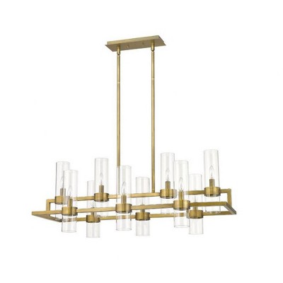 Datus 42.5" Rubbed Brass 10-Light Chandelier with Clear Glass Cylinders