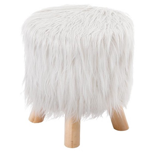 Birdrock Home Faux Fur Foot Stool Ottoman with Wood Legs - White