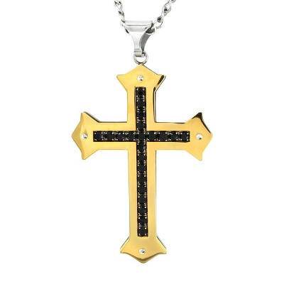 Men's Crucible Gold Plated Stainless Steel Black Cubic Zirconia Cross Pendant Necklace