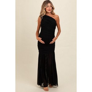 Pinkblush Black Ruched Mesh One Shoulder Maternity Maxi Dress - 1 of 4