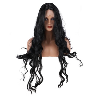 Unique Bargains Women's Beautiful Long Water Wave Lace Front Wigs with Wig Cap 26" Black 1 Pc