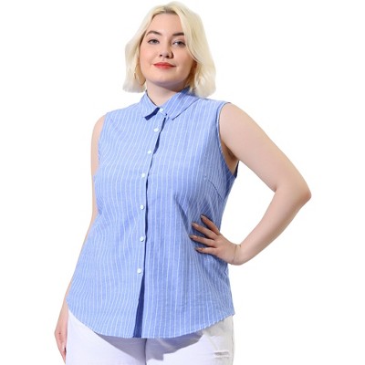 Women's Pastel Blue & Yellow Sleeveless Shirt with Newspaper Print and  White Stripe Collared Front Tie