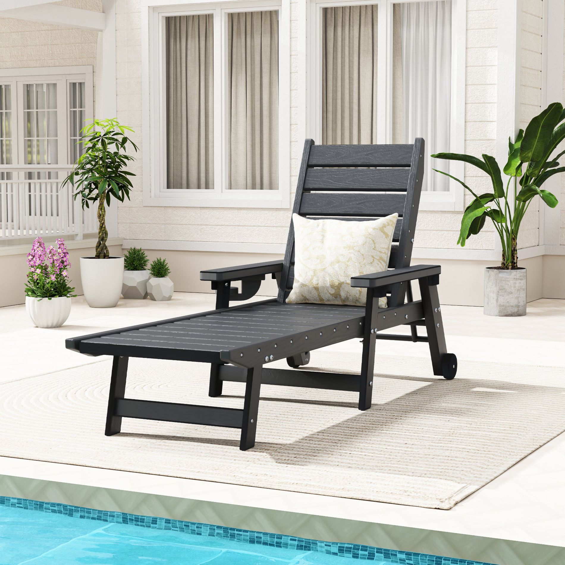 HAPPATIO Outdoor Lounge Chair, HDPE Chaise Lounge 5-Level Adjustable Backrest, Pool Lounge Chair with Wheels and Cup Holder Black 1pc