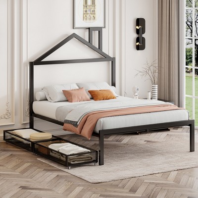 Full/Twin Size Metal Platform Bed Frame with Trundle Bed/ Drawers, House-Shaped Headboard Design 4S -ModernLuxe