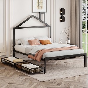 Full/Twin Size Metal Platform Bed Frame with Trundle Bed/ Drawers, House-Shaped Headboard Design 4S -ModernLuxe - 1 of 4