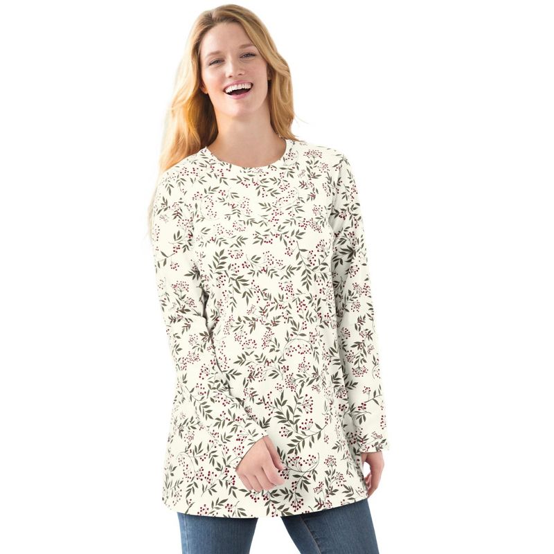 Woman Within Women's Plus Size Perfect Printed Long-Sleeve Crewneck Tee, 1 of 2