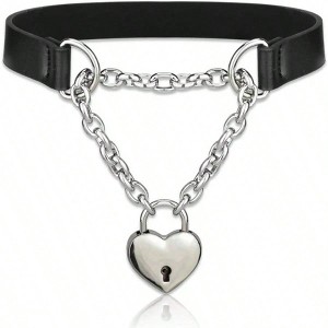 Black Choker with Heart Padlock and Key, Women's PU Leather Collar. - 1 of 4
