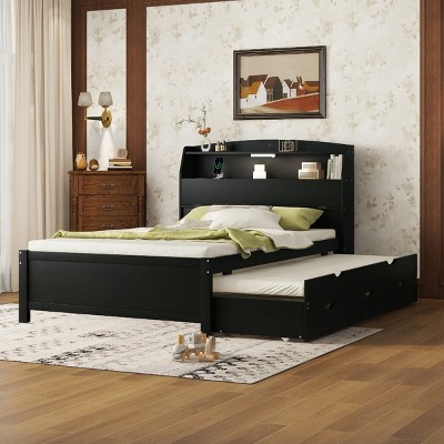 LED Platform Bed with Trundle and USB Ports, Bed with Flip-Up Storage Headboard and Under-Bed Drawers, Wooden Frame Bed-Baofuwish