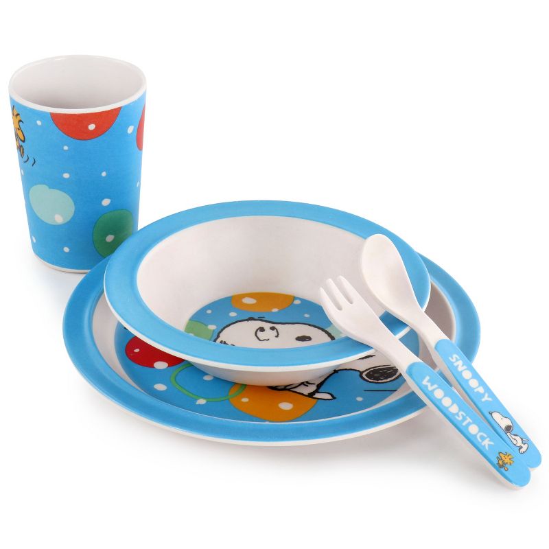 Peanuts Fun Times 5 Piece Kid's Bamboo Melamine Dinnerware Set in Blue, 3 of 9
