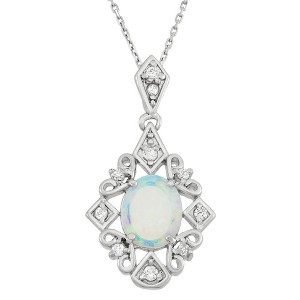 Opalata Sterling Silver Diamond Shape W/ CZ's & Oval Opal Stone 18" Pendant Necklace - Silver - 1 of 2