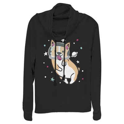 Juniors Womens Lost Gods Dog Astronaut Space Corgi Cowl Neck Sweatshirt
