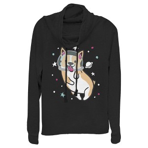 Juniors Womens Lost Gods Dog Astronaut Space Corgi Cowl Neck Sweatshirt - 1 of 4