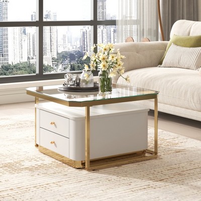 28"W Square Nesting Coffee Table Cocktail Table Center Table with Drawers and Electroplated Gold Legs-ModernLuxe