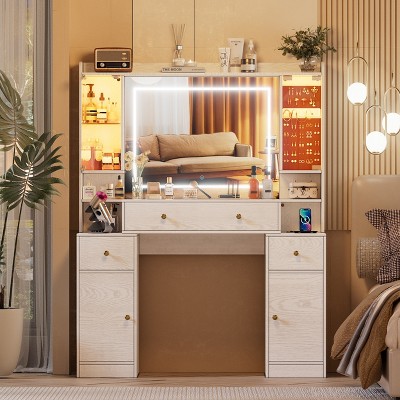 PAKASEPT Makeup Vanity Desk, Dressing Table with Lights & Power Outlet, 2 RGB Glass Cabinet, 2 Wood Cabinet and 3 Drawers