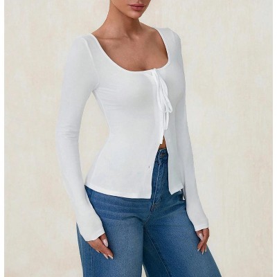 Womens Long Sleeve Tops Tie Front Top Square Neck Casual Shirt