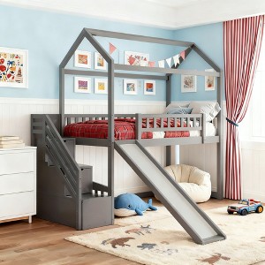 Luxystar Kids Playhouse Loft Bed with Slide and Storage Drawers, Twin Size Low Height Wooden Bed for Children - 1 of 4