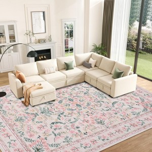 Jojoka Washable Area Rugs, Boho Floral Soft Rugs for Living Room, Non Slip Low Pile Carpet for Bedroom Dining Room Nursery Hallway - 1 of 4