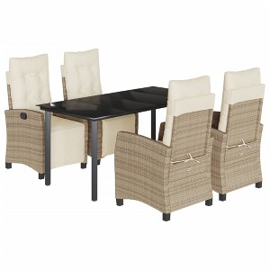 vidaXL 5 Piece Patio Dining Set with Cushions Beige Poly Rattan - 63" Table Length Round Leg 4 Items - 1 of 4