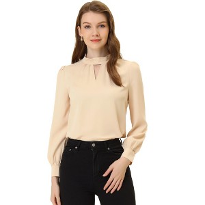 INSPIRE CHIC Women's Office Keyhole Elegant Stand Collar Long Sleeve Back Neck Button Blouse - 1 of 4