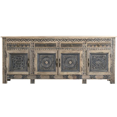 HomeRoots 102" Natural And Black Distressed Solid Wood Carved Geometric Four Drawer Sideboard