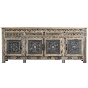 HomeRoots 102" Natural And Black Distressed Solid Wood Carved Geometric Four Drawer Sideboard - 1 of 4