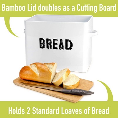 White Metal Bread Box with Bamboo Lid and Handles