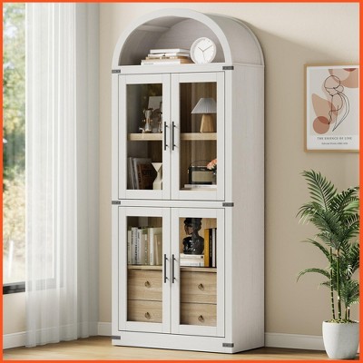 Arched Bookshelf with Doors and Drawers Farmhouse Bookcase Display Storage Shelves 71.4in Tall Display Cabinet Rounded Bookcases